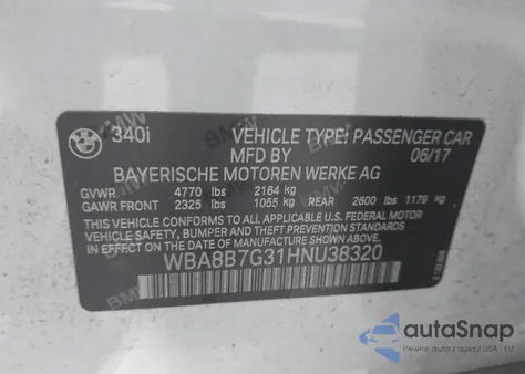 2017 BMW 340I xDrive из США, поврежденный, VIN WBA8B7G31HNU38320